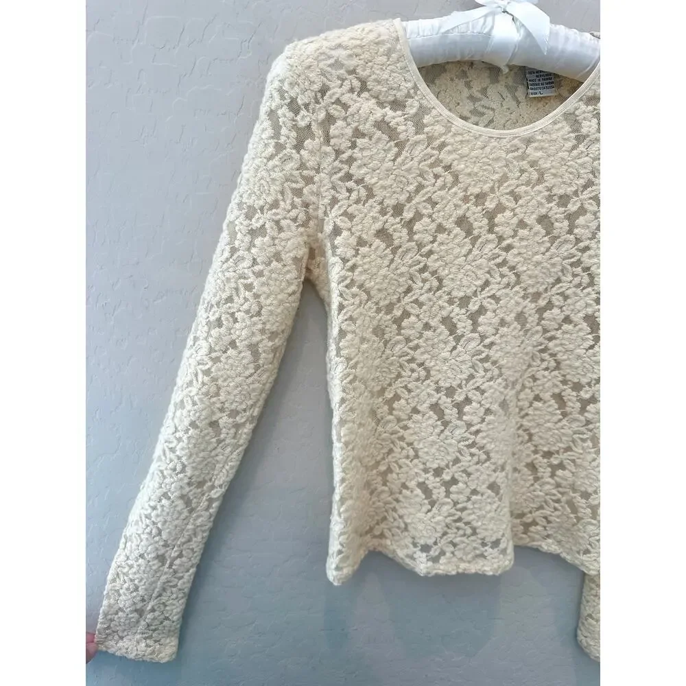 ANTHROPOLOGIE Cooperative Floral Lace Wool Blend Cream Layering Sheer Top Large